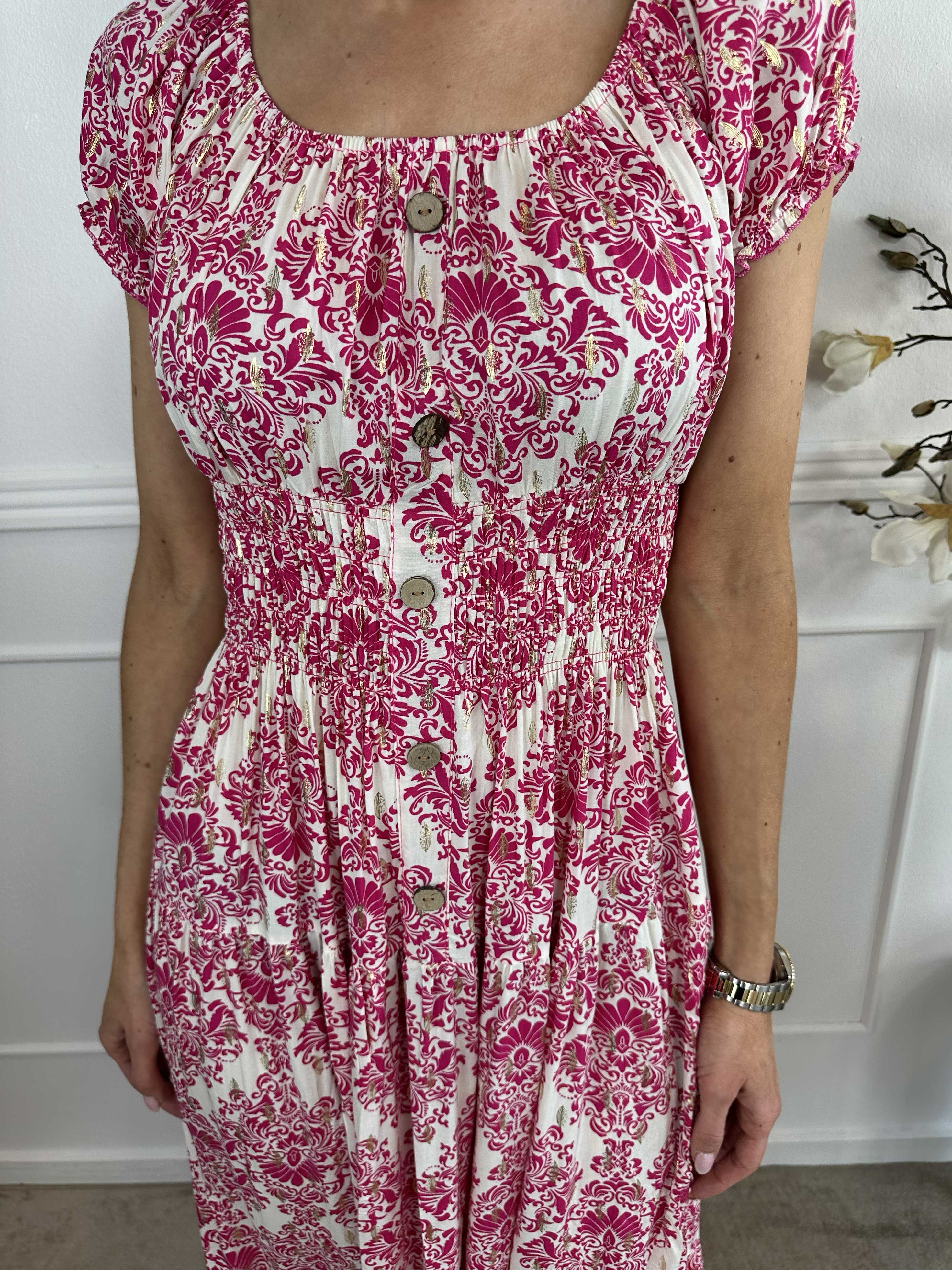 Elise - Lang mønstret kjole med elastik i udskæringen